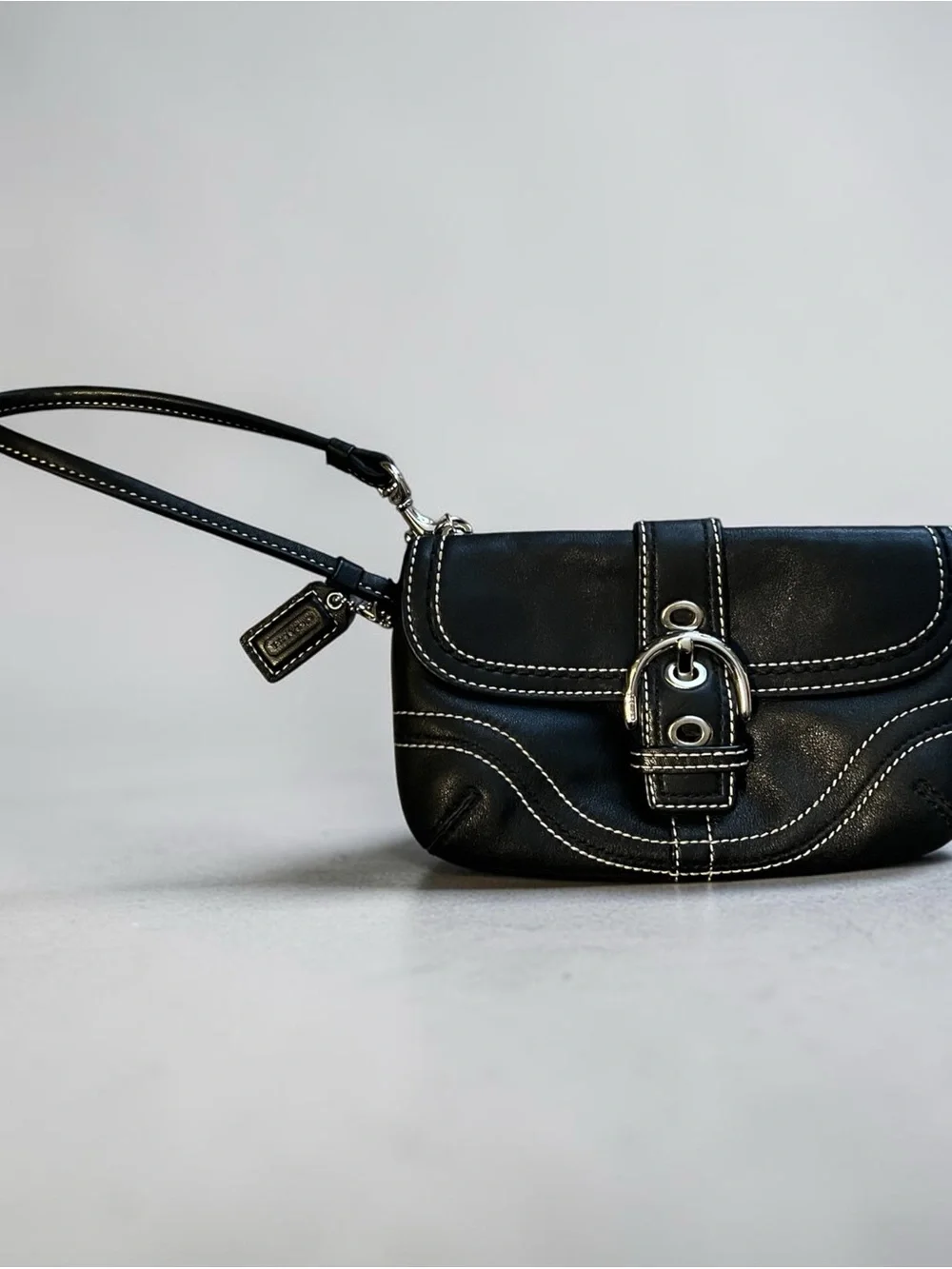 Coach Black Leather Wristlet with White Contrast Stitching